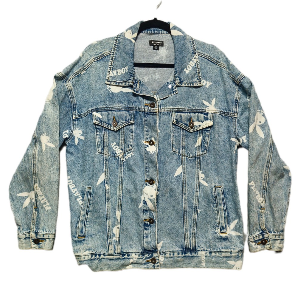 Playboy by Pacsun Denim Jacket All Over Bunny Print Distressed Blue‎ Womens M L